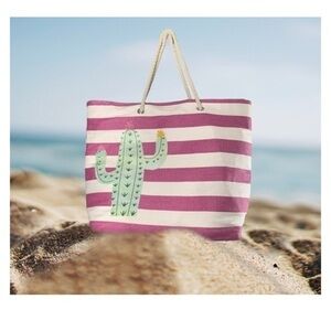 Pink & White Striped Green Cactus Rope Handles Canvas Lined Beach Bag 21X15X6
